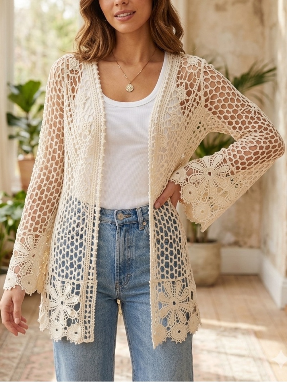 Rebellion Again Crochet Lace Cardigan Ivory Open Knit Top Medium Festival Boho - Picture 1 of 9